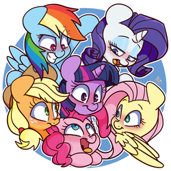 Size: 1557x1556 | Tagged: safe, artist:lou, applejack, fluttershy, pinkie pie, rainbow dash, rarity, twilight sparkle, alicorn, earth pony, pegasus, pony, unicorn, g4, abstract background, blushing, bust, cute, eye clipping through hair, female, group, looking at each other, looking at someone, looking at you, mane six, mare, open mouth, portrait, sextet, simple background, smiling