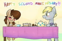 Size: 1024x683 | Tagged: safe, artist:theluckyangel, derpy hooves, doctor whooves, time turner, earth pony, pegasus, pony, ask the mare doc, g4, blushing, cake, dopey hooves, duo, female, food, male, mare, muffin, rule 63, ship:doctorderpy, ship:dopeytoress, shipping, smiling, stallion, straight, the doctoress