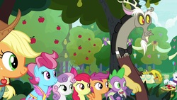 Size: 1920x1080 | Tagged: safe, screencap, apple bloom, applejack, cup cake, discord, double diamond, scootaloo, spike, sweetie belle, earth pony, pony, g4, the big mac question, apple, apple tree, clothes, cutie mark crusaders, dress, food, pear tree, tree