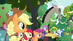 Size: 1920x1080 | Tagged: safe, screencap, apple bloom, applejack, cup cake, discord, double diamond, night glider, party favor, scootaloo, spike, sweetie belle, draconequus, dragon, earth pony, pegasus, pony, unicorn, g4, the big mac question, apple, apple tree, clothes, cutie mark crusaders, dress, female, food, male, mare, pear tree, stallion, tree