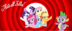 Size: 1266x540 | Tagged: safe, artist:mlpfan3991, applejack, fluttershy, pinkie pie, rainbow dash, rarity, spike, twilight sparkle, alicorn, dragon, earth pony, pegasus, pony, unicorn, g4, best friends until the end of time, end of ponies, explicit comments, looney tunes, mane six, that's all folks, the end, twilight sparkle (alicorn)