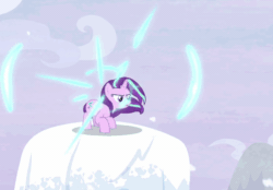 Size: 604x420 | Tagged: safe, screencap, queen chrysalis, starlight glimmer, pony, unicorn, g4, season 9, the ending of the end, animated, female, magic, snow, solo, teleportation