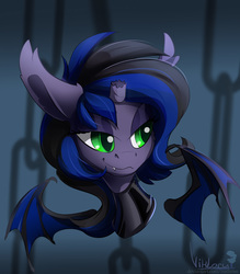 Size: 3500x4000 | Tagged: safe, artist:mithriss, oc, oc:kuro, bat pony, pony, bat wings, broken horn, disembodied head, floating wings, horn, icon, latex, latex suit, smug, wings