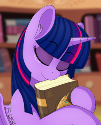 Size: 2048x2530 | Tagged: safe, artist:negasun, twilight sparkle, alicorn, pony, g4, book, book of harmony, crying, cute, digital art, eyes closed, female, happy birthday mlp:fim, high res, mare, mlp fim's ninth anniversary, remake, smiling, solo, that pony sure does love books, the book of life, twiabetes, twilight sparkle (alicorn)