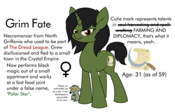 Size: 3639x2341 | Tagged: safe, artist:moonatik, oc, oc only, oc:grim fate, pony, rat, unicorn, equestria at war mod, female, high res, mare, necromancer, sickle, simple background, solo, text