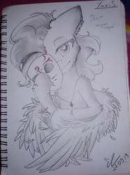 Size: 808x1080 | Tagged: safe, artist:yuris, oc, oc only, pegasus, pony, feather, mask, solo, traditional art