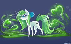 Size: 2100x1300 | Tagged: safe, artist:celes-969, oc, oc only, oc:minty root, pony, unicorn, abstract background, bow, female, mare, pointy ponies, solo