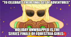 Size: 1854x974 | Tagged: safe, edit, edited screencap, screencap, applejack, equestria girls, equestria girls series, g4, holidays unwrapped, spoiler:eqg series (season 2), 2019, adventure in the comments, caption, clothes, comments locked down, discussion in the comments, end of an era, end of g4, end of ponies, farewell, female, gloves, image macro, pony history, series finale, solo, sunglasses, text, the end is neigh, the end of equestria girls