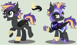 Size: 4136x2424 | Tagged: dead source, safe, artist:grumppanda, oc, oc only, oc:nebulous moon, bat pony, pony, armor, biography in description, female, mare, night guard armor, simple background, solo