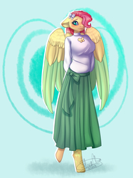 Size: 1635x2185 | Tagged: safe, artist:stormcloud-yt, fluttershy, pegasus, anthro, unguligrade anthro, g4, blouse, blushing, bow, breasts, busty fluttershy, clothes, female, floppy ears, hair bow, hair over one eye, hands behind back, mare, redraw, skirt, solo, two toned wings, wings
