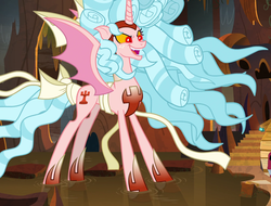 Size: 1410x1070 | Tagged: safe, edit, screencap, cozy glow, lord tirek, alicorn, demon, pony, g4, the ending of the end, alicornified, bow, cozycorn, cropped, female, giant demon alicorn cozy glow, giant pony, lair, macro, offscreen character, open mouth, pure concentrated unfiltered evil of the utmost potency, pure unfiltered evil, race swap, solo, tail bow, water