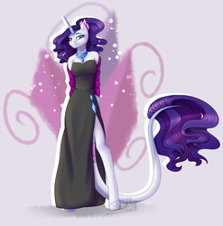 Size: 2208x2236 | Tagged: safe, artist:stormcloud-yt, rarity, unicorn, anthro, unguligrade anthro, g4, bare shoulders, clothes, dress, female, high res, jewelry, leonine tail, looking at you, mare, necklace, redraw, side slit, solo