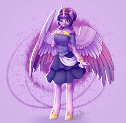 Size: 2112x2072 | Tagged: safe, artist:stormcloud-yt, twilight sparkle, alicorn, anthro, unguligrade anthro, g4, clothes, crown, dress, female, high res, jewelry, mare, one eye closed, redraw, regalia, smiling, solo, twilight sparkle (alicorn), two toned wings, wings, wink