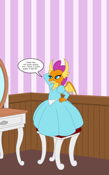 Size: 1250x2000 | Tagged: safe, artist:runningtoaster, smolder, dragon, comic:smoulder up, g4, chair, clothes, commission, dialogue, dragoness, dress, female, mirror, princess smolder, puffy sleeves, samantha goldenwing, solo, speech bubble