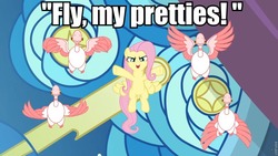 Size: 960x540 | Tagged: safe, edit, edited screencap, screencap, fluttershy, bird, goose, g4, the ending of the end, badass, caption, flutterbadass, geese, image macro, text