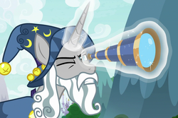 Size: 1542x1027 | Tagged: safe, screencap, star swirl the bearded, pony, unicorn, g4, the ending of the end, canterlot, cropped, frown, glowing horn, gritted teeth, horn, magic, magic aura, male, one eye closed, solo, spyglass, stallion, telekinesis