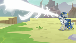 Size: 1920x1080 | Tagged: safe, screencap, star swirl the bearded, pony, unicorn, g4, the ending of the end, angry, blast, glowing horn, gritted teeth, horn, magic, magic blast, male, solo, wasteland