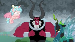 Size: 1920x1080 | Tagged: safe, screencap, cozy glow, lord tirek, queen chrysalis, alicorn, centaur, changeling, pony, g4, the ending of the end, alicornified, bow, cozycorn, female, filly, former queen chrysalis, league of e.v.i.l., me and the boys, nose piercing, nose ring, piercing, race swap, septum piercing, slasher smile, tail bow, ultimate chrysalis, war face