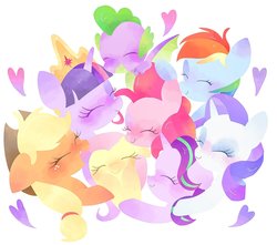 Size: 1961x1731 | Tagged: safe, artist:1drfl_world_end, applejack, fluttershy, pinkie pie, rainbow dash, rarity, spike, starlight glimmer, twilight sparkle, alicorn, dragon, earth pony, pegasus, pony, unicorn, g4, cowboy hat, cute, end of ponies, eyes closed, female, hat, heart, hug, lineless, male, mane seven, mane six, mare, open mouth, simple background, smiling, twilight sparkle (alicorn), white background, winged spike, wings