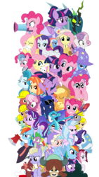 Size: 3081x5450 | Tagged: safe, artist:sonofaskywalker, angel bunny, applejack, cayenne, cozy glow, fluttershy, lighthoof, pinkie pie, princess ember, princess luna, queen chrysalis, rainbow dash, rarity, shimmy shake, silverstream, spike, sweet buzz, sweetie belle, twilight sparkle, yona, alicorn, pony, 2 4 6 greaaat, a horse shoe-in, a trivial pursuit, between dark and dawn, common ground, daring doubt, dragon dropped, frenemies (episode), g4, going to seed, growing up is hard to do, she talks to angel, she's all yak, sparkle's seven, student counsel, sweet and smoky, the beginning of the end, the big mac question, the ending of the end, the last crusade, the last problem, the point of no return, the summer sun setback, uprooted, bush, cape, clothes, detective rarity, eyes closed, hat, las pegasus resident, mane seven, mane six, open mouth, pony pile, scrunchy face, simple background, tower of pony, transparent background, trixie's cape, trixie's hat, twilight sparkle (alicorn)