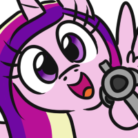 Size: 200x200 | Tagged: safe, artist:jargon scott, princess cadance, alicorn, pony, g4, bye anon, delet this, female, gun, handgun, hi anon, looking at you, lowres, mare, meme, open mouth, revolver, simple background, solo, weapon, white background