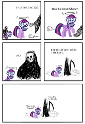 Size: 2000x2916 | Tagged: safe, twilight sparkle, alicorn, human, pony, g4, bittersweet, bone, comic, female, friendship, friendshipping, grim reaper, high res, it's time to go, mare, meme, simple background, skeleton, skull, twilight sparkle (alicorn)