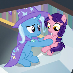Size: 689x689 | Tagged: safe, screencap, raspberry dazzle, trixie, pony, unicorn, g4, the ending of the end, concerned, cropped, duo, female, filly, helping, holding a pony, mare