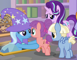 Size: 840x661 | Tagged: safe, screencap, starlight glimmer, strawberry swing, trixie, water spout, earth pony, pegasus, pony, unicorn, g4, the ending of the end, butt, colt, cropped, female, filly, friendship student, helping, male, plot, school of friendship