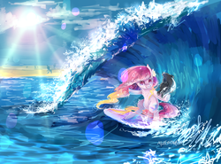 Size: 2700x2000 | Tagged: safe, artist:aquagalaxy, oc, oc only, pony, beach, high res, ocean, solo focus, sun, surfboard, surfing, traditional art, water, wave