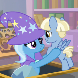 Size: 604x603 | Tagged: safe, screencap, trixie, water spout, pegasus, pony, unicorn, g4, the ending of the end, animation error, butt, colt, concerned, cropped, duo, eye contact, female, friendship student, helping, holding a pony, looking at each other, male, mare, plot, school of friendship, smiling