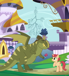 Size: 816x900 | Tagged: safe, screencap, pixy canela, rex, dragon, pony, unicorn, g4, the last problem, canterlot, cropped, cute, daaaaaaaaaaaw, female, flower, implied interspecies, male, mare, rexcanela, romantic gesture, shipping, straight