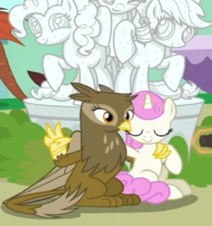 Size: 801x857 | Tagged: safe, screencap, barry, geneva, twinkleshine, griffon, pony, unicorn, g4, the last problem, background pony, cropped, cute, daaaaaaaaaaaw, duo, eyes closed, female, hand on shoulder, mare, older, older twinkleshine, peace sign, pose, statue, wrong aspect ratio