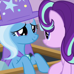 Size: 1081x1078 | Tagged: safe, screencap, starlight glimmer, trixie, pony, unicorn, g4, the ending of the end, cropped, duo, eye contact, female, lidded eyes, looking at each other, mare, smiling