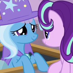 Size: 1081x1078 | Tagged: safe, screencap, starlight glimmer, trixie, pony, unicorn, g4, my little pony: friendship is magic, the ending of the end, cropped, duo, eye contact, female, lidded eyes, looking at each other, mare, smiling