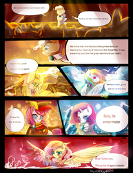 Size: 3000x3882 | Tagged: safe, artist:aquagalaxy, applejack, fluttershy, mayor mare, pinkie pie, rainbow dash, rarity, earth pony, pegasus, pony, unicorn, comic:a forgotten tragedy, g4, armor, clothes, comic, dialogue, epic, fantasy class, female, high res, mare, remane five, shadowed memories, spread wings, wings