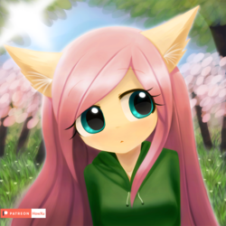 Size: 1000x1000 | Tagged: safe, artist:howxu, fluttershy, pegasus, anthro, g4, bust, cute, daaaaaaaaaaaw, ear fluff, event horizon of cuteness, female, shyabetes, solo, tree