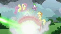 Size: 640x360 | Tagged: safe, screencap, applejack, fluttershy, queen chrysalis, rarity, spike, changeling, changeling queen, dragon, earth pony, pegasus, pony, unicorn, g4, the ending of the end, animated, barrier, butt, female, fight, fire, fire breath, gif, laser, mare, plot, ultimate chrysalis