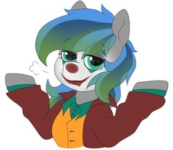 Size: 930x805 | Tagged: safe, artist:littlebibbo, oc, oc only, oc:bibbo, pegasus, pony, clothes, crossover, female, joker (2019), lidded eyes, looking at you, makeup, mare, ponified, shrug, simple background, solo, the joker, unamused, white background