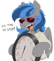 Size: 862x974 | Tagged: safe, artist:littlebibbo, oc, oc only, oc:bibbo, pegasus, pony, clock, clothes, female, filthy frank, holding, it's time to stop, mare, meme, open mouth, parody, simple background, solo, sunglasses, text, white background