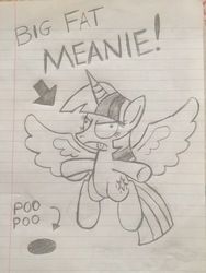 Size: 3264x2448 | Tagged: safe, twilight sparkle, alicorn, pony, g4, marks for effort, big fat meanie, drawing, female, high res, implied cozy glow, lined paper, monochrome, new student starfish, scene interpretation, solo, spongebob squarepants, tongue out, traditional art, twilight sparkle (alicorn)