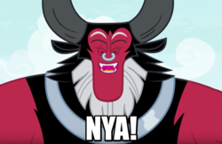Size: 746x485 | Tagged: safe, edit, edited screencap, screencap, lord tirek, centaur, g4, the ending of the end, adorable face, caption, cropped, cute, cute little fangs, eyes closed, fangs, happy, image macro, male, nose piercing, nose ring, nya, open mouth, piercing, septum piercing, smiling, solo, text, tirebetes, when he smiles
