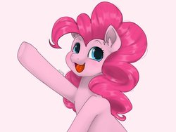 Size: 2048x1536 | Tagged: safe, artist:siripim111, pinkie pie, earth pony, pony, g4, blue eyes, cute, diapinkes, ear fluff, female, half body, open mouth, open smile, pink background, simple background, smiling, solo, white background