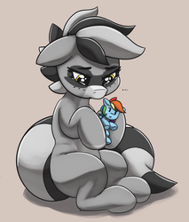 Size: 2786x3265 | Tagged: safe, artist:pabbley, rainbow dash, oc, oc only, oc:bandy cyoot, pony, raccoon pony, g4, ..., eye shimmer, female, floppy ears, high res, holding, looking down, plushie, sad, series finale blues, sitting, solo, teary eyes