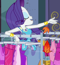 Size: 1007x1080 | Tagged: safe, screencap, rarity, equestria girls, g4, my little pony equestria girls: better together, street chic, armpits, autumn, autumn leaves, bracelet, clothes, clothes rack, cropped, eyes closed, eyeshadow, female, geode of shielding, jewelry, leaf, leaves, magical geodes, makeup, open mouth, outdoors, solo, wind, wind blowing