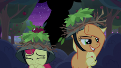Size: 1280x720 | Tagged: safe, screencap, apple bloom, applejack, earth pony, pony, g4, going to seed, eyes closed, female, filly, grin, hat, mare, scared, smiling