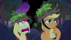 Size: 1280x720 | Tagged: safe, screencap, apple bloom, applejack, earth pony, pony, g4, going to seed, female, filly, freckles, hat, looking up, mare, scared, thinking