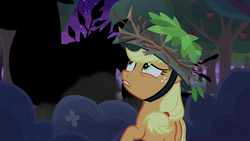 Size: 1280x720 | Tagged: safe, screencap, applejack, earth pony, pony, g4, going to seed, apple, female, food, freckles, hat, looking up, mare, solo
