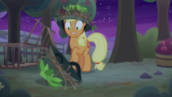 Size: 1920x1080 | Tagged: safe, screencap, applejack, earth pony, pony, g4, going to seed, female, helmet, looking down, mare, raised hoof, solo