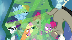 Size: 1920x1080 | Tagged: safe, screencap, applejack, discord, fluttershy, pinkie pie, rainbow dash, rarity, spike, dragon, earth pony, pegasus, pony, unicorn, g4, the ending of the end, angry, changeling slime, crossed hooves, crying, female, male, mare, pouting, sad, trapped