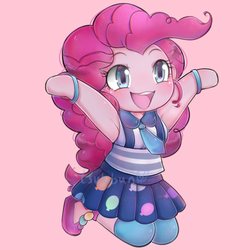 Size: 800x800 | Tagged: safe, artist:tsukibun, pinkie pie, equestria girls, g4, my little pony equestria girls: friendship games, anime, armpits, chibi, cute, diapinkes, female, open mouth, pink background, simple background, solo, sticker